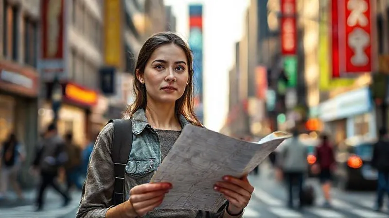 photorealistic, professional photography, 8K, cinematic lighting, sharp focus, depth of field, shot on a high-end DSLR. A solo traveler, a young woman, stands calmly at a crossroads in a bustling foreign city, holding a simple paper map. She has a serene, contemplative expression, not stressed, as if making a relaxed, intentional choice about her next direction. The vibrant city life is slightly blurred in the background, emphasizing her focused presence. photorealistic, professional photography, 8K, cinematic lighting, sharp focus, depth of field, shot on a high-end DSLR. A solo traveler, a young woman, stands calmly at a crossroads in a bustling foreign city, holding a simple paper map. She has a serene, contemplative expression, not stressed, as if making a relaxed, intentional choice about her next direction. The vibrant city life is slightly blurred in the background, emphasizing her focused presence.