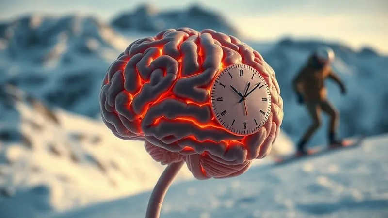 A photorealistic, professional photography, 8K image showing a human brain with subtle glowing lines representing neural pathways and a clock face superimposed, illustrating the disruption of circadian rhythm. The background is a blurred, snow-covered mountain, with a snowboarder in the distance. Cinematic lighting, sharp focus on the brain, depth of field blurring the background elements.