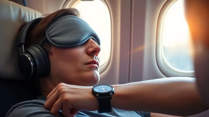 A photorealistic, professional photography, 8K image of a person on an airplane, wearing an eye mask and noise-cancelling headphones, sleeping peacefully while sunlight streams through a window. The focus is on the calm traveler, with a subtle blur of a watch showing a new time zone on their wrist. Cinematic lighting, sharp focus, depth of field blurring the cabin interior.