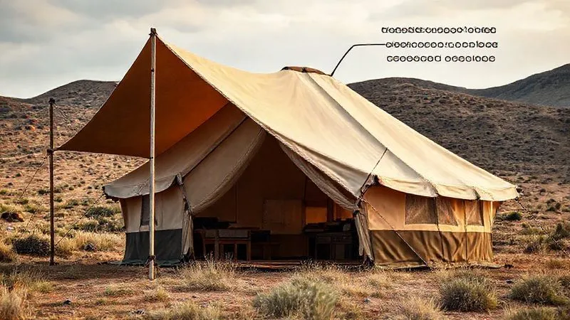 A photorealistic image showcasing the sophisticated tensioning system and reinforced corners of a luxury safari tent, with strong guy ropes anchored securely into the ground. The tent stands elegantly against a rugged landscape. Professional photography, 8K, cinematic lighting, sharp focus, depth of field. A photorealistic image showcasing the sophisticated tensioning system and reinforced corners of a luxury safari tent, with strong guy ropes anchored securely into the ground. The tent stands elegantly against a rugged landscape. Professional photography, 8K, cinematic lighting, sharp focus, depth of field.