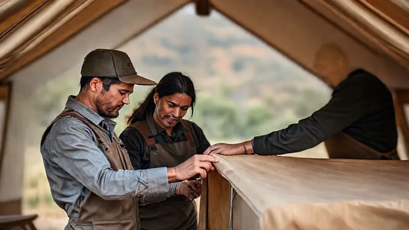 A photorealistic image of a small, diverse team of glamping staff attentively inspecting the seams of a luxury safari tent, with one experienced mentor pointing out a detail. The setting is a beautiful, natural environment. Professional photography, 8K, cinematic lighting, sharp focus, depth of field. A photorealistic image of a small, diverse team of glamping staff attentively inspecting the seams of a luxury safari tent, with one experienced mentor pointing out a detail. The setting is a beautiful, natural environment. Professional photography, 8K, cinematic lighting, sharp focus, depth of field.
