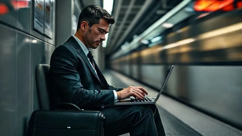Photorealistic, professional photography, 8K, cinematic lighting, sharp focus, depth of field, shot on a high-end DSLR. A person in business attire typing intently on a laptop in a quiet corner of a bustling train station, a look of focused determination mixed with regret. Their briefcase is beside them, and a blurred train passes in the background, symbolizing the disruption and the effort to recover.