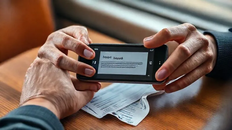 Photorealistic, professional photography, 8K, cinematic lighting, sharp focus, depth of field, shot on a high-end DSLR. A close-up shot of a person's hands holding a smartphone displaying a 'train delayed' notification, with a crumpled train ticket on a wooden table. The background is softly blurred, suggesting a travel context, emphasizing the documentation aspect.