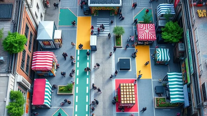 A photorealistic architectural rendering from a top-down perspective, showing a detailed urban street festival layout with color-coded pathways indicating pedestrian flow, clear zones, vendor stalls, and stage areas. The image should be clean, professional, 8K, cinematic lighting, sharp focus, depth of field, shot on a high-end DSLR.