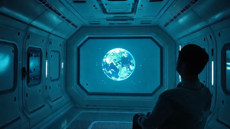 Photorealistic, professional photography, 8K, cinematic lighting, sharp focus, depth of field. A person in a dimly lit, minimalist space habitat room, looking thoughtfully at a holographic display showing Earth. The room has soft, diffused lighting and sound-dampening panels, conveying a sense of quiet contemplation and potential isolation. Shot on a high-end DSLR. Photorealistic, professional photography, 8K, cinematic lighting, sharp focus, depth of field. A person in a dimly lit, minimalist space habitat room, looking thoughtfully at a holographic display showing Earth. The room has soft, diffused lighting and sound-dampening panels, conveying a sense of quiet contemplation and potential isolation. Shot on a high-end DSLR.