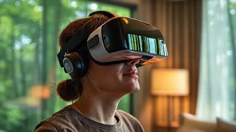 Photorealistic, professional photography, 8K, cinematic lighting, sharp focus, depth of field. A space hotel guest wearing a sleek VR headset, immersed in a vibrant, photorealistic virtual forest scene. The space hotel room around them is modern but minimalist, with soft ambient light. The scene captures the contrast between the confined reality and the expansive virtual escape. Shot on a high-end DSLR. Photorealistic, professional photography, 8K, cinematic lighting, sharp focus, depth of field. A space hotel guest wearing a sleek VR headset, immersed in a vibrant, photorealistic virtual forest scene. The space hotel room around them is modern but minimalist, with soft ambient light. The scene captures the contrast between the confined reality and the expansive virtual escape. Shot on a high-end DSLR.