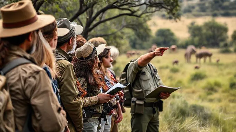 A diverse group of eco-tourists actively listening to an enthusiastic park ranger pointing towards distant wildlife, all maintaining a respectful distance. The ranger uses a visual aid like a map or a tablet. Photorealistic, professional photography, 8K, cinematic lighting, sharp focus, depth of field, shot on a high-end DSLR. A diverse group of eco-tourists actively listening to an enthusiastic park ranger pointing towards distant wildlife, all maintaining a respectful distance. The ranger uses a visual aid like a map or a tablet. Photorealistic, professional photography, 8K, cinematic lighting, sharp focus, depth of field, shot on a high-end DSLR.