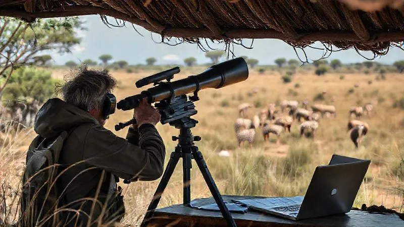 A researcher discreetly observing a group of wild animals through a high-powered telescope from a hidden blind, with data charts and a laptop nearby. The scene is set in a natural, undisturbed habitat. Photorealistic, professional photography, 8K, cinematic lighting, sharp focus on the researcher and equipment, depth of field blurring the distant wildlife, shot on a high-end DSLR. A researcher discreetly observing a group of wild animals through a high-powered telescope from a hidden blind, with data charts and a laptop nearby. The scene is set in a natural, undisturbed habitat. Photorealistic, professional photography, 8K, cinematic lighting, sharp focus on the researcher and equipment, depth of field blurring the distant wildlife, shot on a high-end DSLR.