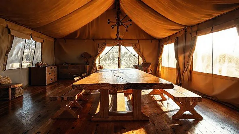 Photorealistic, professional photography, 8K, cinematic lighting, sharp focus, depth of field, shot on a high-end DSLR. The interior of a luxurious glamping tent, showcasing a sturdy, polished wooden floor and a custom-built, live-edge wood dining table. Sunlight streams through a large canvas window, highlighting the rich textures of the natural materials and hinting at superior craftsmanship. The scene exudes robust, earthy elegance.