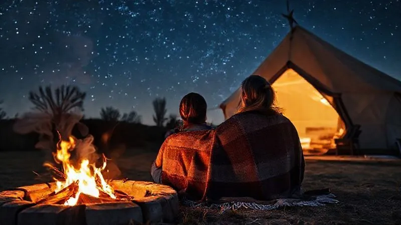 Photorealistic, professional photography, 8K, cinematic lighting, sharp focus, depth of field, shot on a high-end DSLR. A couple sits by a crackling fire pit outside a beautifully lit glamping tent, looking up at a star-filled sky. The scene evokes a sense of wonder, connection to nature, and intimate luxury. A branded, artisanal blanket is draped over their laps, subtly hinting at a unique story and experience.