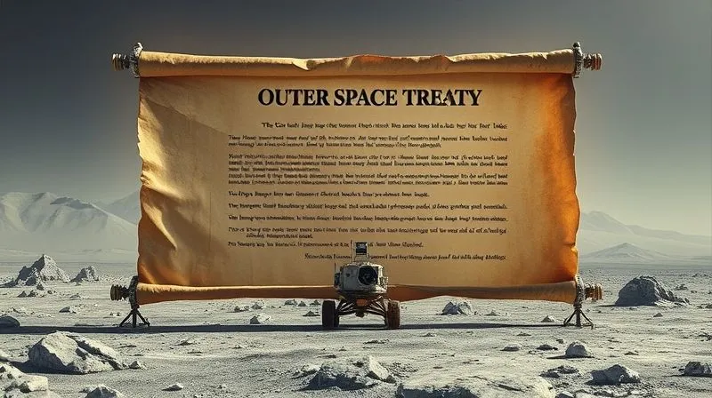 A photorealistic, vintage parchment scroll representing the Outer Space Treaty, unfurling across a futuristic lunar landscape with a small, detailed commercial lunar lander in the foreground, sharp focus on the treaty text, cinematic lighting, 8K hyper-detailed. A photorealistic, vintage parchment scroll representing the Outer Space Treaty, unfurling across a futuristic lunar landscape with a small, detailed commercial lunar lander in the foreground, sharp focus on the treaty text, cinematic lighting, 8K hyper-detailed.