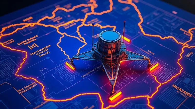 A photorealistic, intricate blueprint or schematic of a commercial lunar lander, overlaid with glowing lines representing different national borders and legal texts, symbolizing the patchwork of national space legislation. Sharp focus on the detailed blueprint, 8K, cinematic lighting. A photorealistic, intricate blueprint or schematic of a commercial lunar lander, overlaid with glowing lines representing different national borders and legal texts, symbolizing the patchwork of national space legislation. Sharp focus on the detailed blueprint, 8K, cinematic lighting.