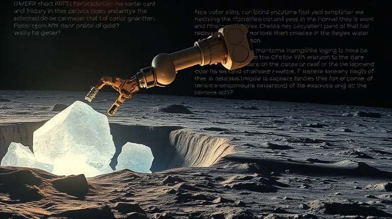 A photorealistic, detailed robotic arm on the lunar surface, extracting glowing water ice from a crater. In the background, a subtle, ethereal overlay of legal texts and question marks, symbolizing the legal ambiguity of lunar resource extraction. Cinematic lighting, 8K, sharp focus. A photorealistic, detailed robotic arm on the lunar surface, extracting glowing water ice from a crater. In the background, a subtle, ethereal overlay of legal texts and question marks, symbolizing the legal ambiguity of lunar resource extraction. Cinematic lighting, 8K, sharp focus.
