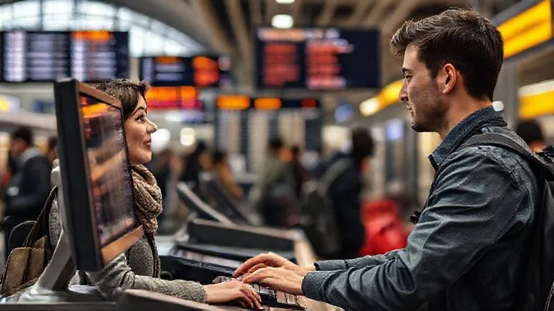 A photorealistic shot of a busy train station information desk, with a calm traveler speaking to a railway employee, both looking at a computer screen displaying train schedules. The background shows blurred passengers and departure boards. 8K, cinematic lighting, sharp focus on the interaction, depth of field, shot on a high-end DSLR. A photorealistic shot of a busy train station information desk, with a calm traveler speaking to a railway employee, both looking at a computer screen displaying train schedules. The background shows blurred passengers and departure boards. 8K, cinematic lighting, sharp focus on the interaction, depth of field, shot on a high-end DSLR.