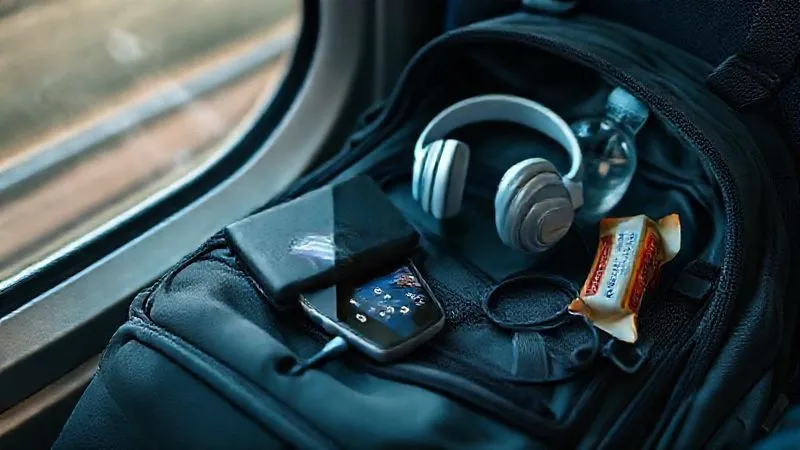 A photorealistic close-up shot of a traveler's backpack contents spilled out on a train seat: a fully charged power bank, a smartphone with a train app open, a pair of noise-canceling headphones, a small bottle of water, and a granola bar. Cinematic lighting, sharp focus on the items, depth of field blurring the train window view, 8K, shot on a high-end DSLR. A photorealistic close-up shot of a traveler's backpack contents spilled out on a train seat: a fully charged power bank, a smartphone with a train app open, a pair of noise-canceling headphones, a small bottle of water, and a granola bar. Cinematic lighting, sharp focus on the items, depth of field blurring the train window view, 8K, shot on a high-end DSLR.