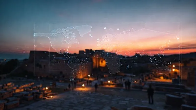 A photorealistic, professional photography, 8K, cinematic lighting, sharp focus, depth of field, shot on a high-end DSLR. An ancient ruin site at dusk, subtly illuminated, with transparent holographic overlays showing visitor flow paths, heat maps, and data points, representing advanced sensor technology and real-time monitoring in a non-intrusive way. The scene should convey a blend of ancient history and cutting-edge technology.