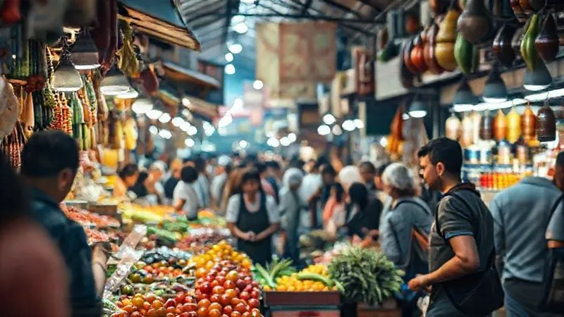 A photorealistic, professional photography image of a vibrant, bustling local food market in a foreign city. Fresh produce, colorful spices, and various street food stalls are visible. A diverse crowd of locals and a few curious travelers are interacting with vendors. 8K, cinematic lighting, sharp focus on a stall with colorful fruits, depth of field blurring the background, shot on a high-end DSLR.