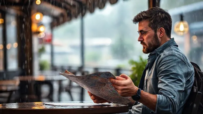 A photorealistic, professional photography image of a traveler in a thoughtful pose, looking at a map while seated at an outdoor cafe. Rain is gently falling outside, creating a soft, diffused light, suggesting a minor change in plans but not a major setback. The traveler appears calm and prepared. 8K, cinematic lighting, sharp focus on the traveler and map, depth of field blurring the rainy background, shot on a high-end DSLR.