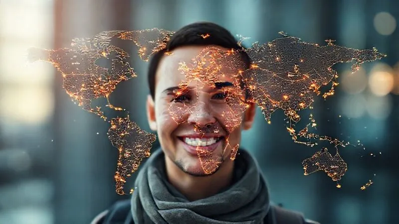 A photorealistic, professional photography image of a global map made of intricate, glowing lines connecting various cities, superimposed over a blurred background of a confident, smiling traveler. The map symbolizes strategic planning and interconnected journeys. 8K, cinematic lighting, sharp focus on the map and the traveler's face, depth of field blurring the background, shot on a high-end DSLR.