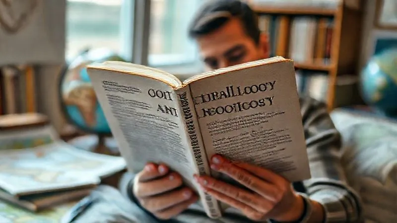 A person intently reading a thick book titled 'Cultural Anthropology of [Specific Region]', surrounded by maps and notes, with a globe in the background. The scene is set in a cozy, well-lit study. Photorealistic, professional photography, 8K, cinematic lighting, sharp focus on the book and reader, depth of field blurring the background, shot on a high-end DSLR.