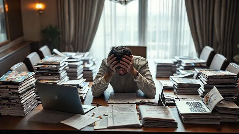Photorealistic, professional photography, 8K, cinematic lighting, sharp focus, depth of field. A person sitting at a large dining table, head in hands, surrounded by stacks of travel brochures, open laptops, and multiple half-written to-do lists. The scene conveys overwhelming stress and exhaustion from complex planning, with soft, diffused lighting adding to the somber mood. Photorealistic, professional photography, 8K, cinematic lighting, sharp focus, depth of field. A person sitting at a large dining table, head in hands, surrounded by stacks of travel brochures, open laptops, and multiple half-written to-do lists. The scene conveys overwhelming stress and exhaustion from complex planning, with soft, diffused lighting adding to the somber mood.