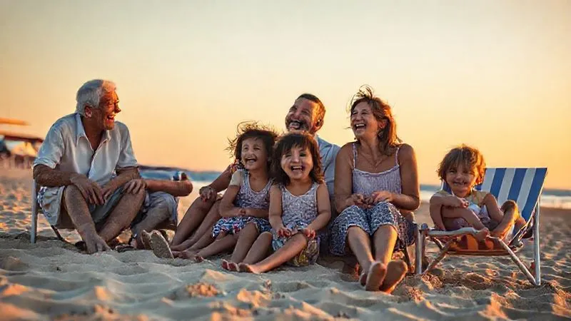 Photorealistic, professional photography, 8K, cinematic lighting, sharp focus, depth of field. A diverse multi-generational family (grandparents, parents, kids) laughing together on a beach at sunset, some playing in the sand, others relaxing on chairs. The scene radiates genuine joy and relaxation, with no signs of stress or rushed schedules. Warm, golden hour light. Photorealistic, professional photography, 8K, cinematic lighting, sharp focus, depth of field. A diverse multi-generational family (grandparents, parents, kids) laughing together on a beach at sunset, some playing in the sand, others relaxing on chairs. The scene radiates genuine joy and relaxation, with no signs of stress or rushed schedules. Warm, golden hour light.