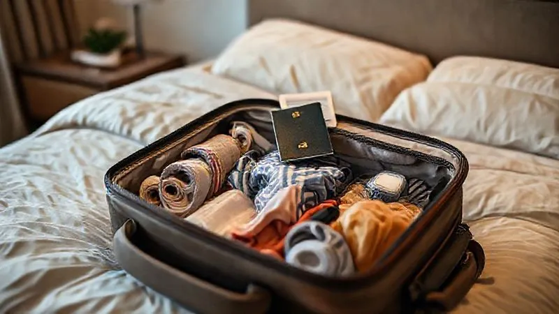 Photorealistic, professional photography, 8K, cinematic lighting, sharp focus, depth of field. A neatly organized travel bag open on a bed, with rolled clothes, toiletries, and travel documents visible. A passport and boarding pass are on top. The background is a cozy, well-lit bedroom, suggesting readiness and calm before a journey. Photorealistic, professional photography, 8K, cinematic lighting, sharp focus, depth of field. A neatly organized travel bag open on a bed, with rolled clothes, toiletries, and travel documents visible. A passport and boarding pass are on top. The background is a cozy, well-lit bedroom, suggesting readiness and calm before a journey.