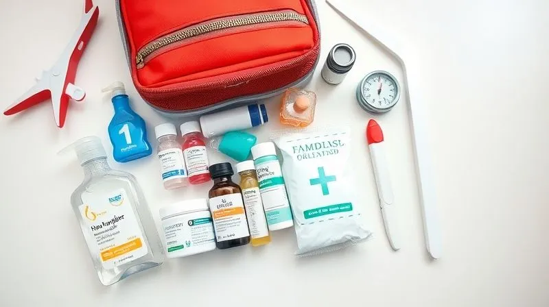 A well-organized travel health kit laid out on a clean surface, featuring small bottles of medication, hand sanitizer, rehydration salts, and a thermometer, all packed efficiently for international travel. Photorealistic, professional photography, 8K, cinematic lighting, sharp focus, depth of field. A well-organized travel health kit laid out on a clean surface, featuring small bottles of medication, hand sanitizer, rehydration salts, and a thermometer, all packed efficiently for international travel. Photorealistic, professional photography, 8K, cinematic lighting, sharp focus, depth of field.