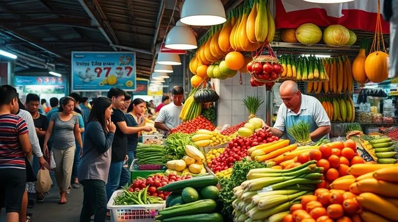 A vibrant, clean open-air market stall in Southeast Asia, with a vendor meticulously arranging fresh, colourful produce. The stall is well-lit, bustling with activity, and visibly hygienic, with customers lining up. Photorealistic, professional photography, 8K, cinematic lighting, sharp focus, depth of field. A vibrant, clean open-air market stall in Southeast Asia, with a vendor meticulously arranging fresh, colourful produce. The stall is well-lit, bustling with activity, and visibly hygienic, with customers lining up. Photorealistic, professional photography, 8K, cinematic lighting, sharp focus, depth of field.