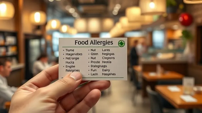 A person holding a small, professionally designed translation card displaying common food allergies (e.g., nuts, gluten, dairy) in multiple languages, with a blurred background of a bustling international restaurant. Photorealistic, professional photography, 8K, cinematic lighting, sharp focus, depth of field. A person holding a small, professionally designed translation card displaying common food allergies (e.g., nuts, gluten, dairy) in multiple languages, with a blurred background of a bustling international restaurant. Photorealistic, professional photography, 8K, cinematic lighting, sharp focus, depth of field.