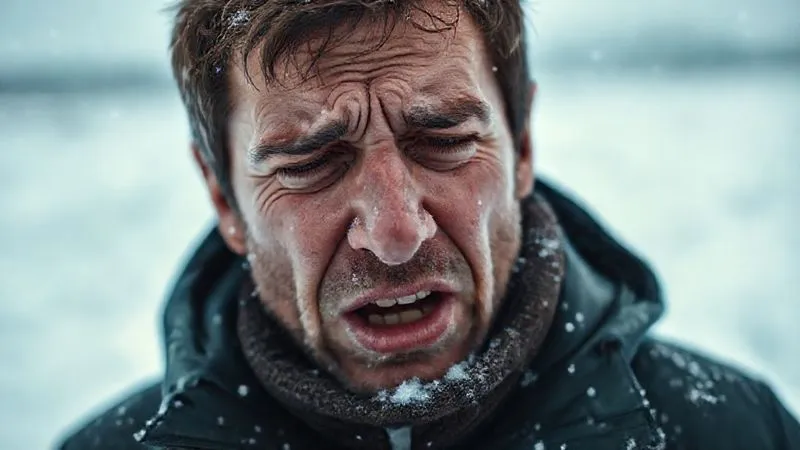 A person shivering uncontrollably in a a cold, desolate snowy landscape, blurred background, focus on the person's face showing distress and confusion, conveying the immediate danger of hypothermia, photorealistic, professional photography, 8K, cinematic lighting, sharp focus, depth of field, shot on a high-end DSLR. A person shivering uncontrollably in a a cold, desolate snowy landscape, blurred background, focus on the person's face showing distress and confusion, conveying the immediate danger of hypothermia, photorealistic, professional photography, 8K, cinematic lighting, sharp focus, depth of field, shot on a high-end DSLR.