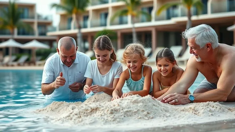 A photorealistic image of a multi-generational family (parents, two children, two grandparents) at a luxury all-inclusive resort. The children are happily engaged in a supervised, age-appropriate activity like building sandcastles or a creative art project, while the parents and grandparents relax nearby, smiling and enjoying a serene pool or beach area. The scene radiates effortless family harmony and tailored experiences. Professional photography, 8K, cinematic lighting, sharp focus on the family, depth of field blurring the resort background, shot on a high-end DSLR.