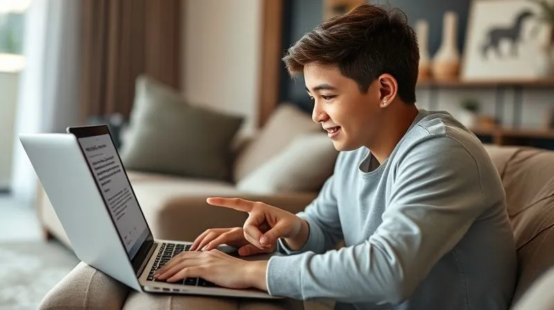 A photorealistic image of a parent and child sitting together at a laptop, intently looking at a screen displaying a detailed and positive online review of a luxury family resort. The screen shows specific comments about kids' activities and dining. The parent is pointing at the screen, and the child is smiling. The background is a cozy, modern living room. Professional photography, 8K, cinematic lighting, sharp focus on the laptop screen and faces, depth of field blurring the background, shot on a high-end DSLR.
