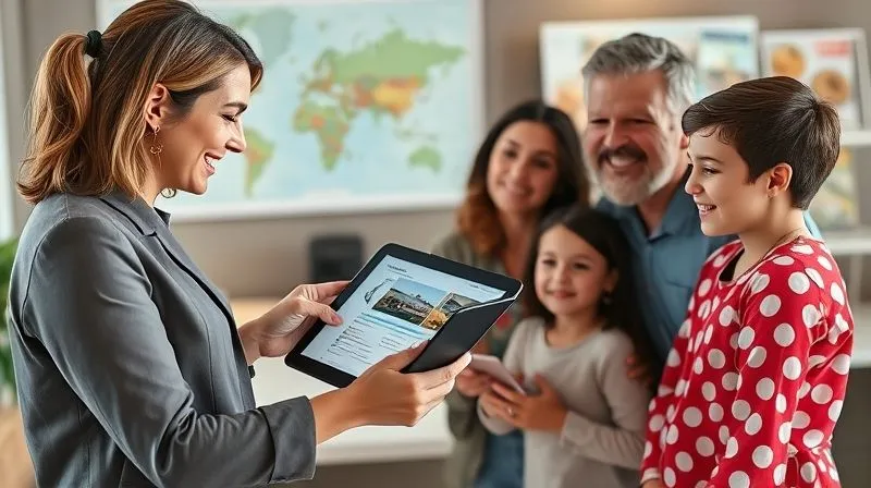 A photorealistic image of a professional, empathetic female travel advisor in a modern office, presenting a luxury family resort itinerary on a tablet to a smiling family (parents and two children). The family looks relieved and excited. The advisor is pointing to a detail on the screen, reassuring them. The background shows maps and travel brochures, conveying expertise. Professional photography, 8K, cinematic lighting, sharp focus on the advisor and family, depth of field blurring the office background, shot on a high-end DSLR.