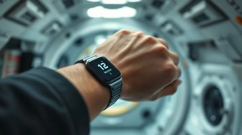 A close-up, photorealistic image of a person's wrist wearing an advanced, sleek biometric smart device, displaying vital signs and a subtle indicator of balance. The background shows a blurry but recognizable interior of a space capsule. Professional photography, 8K, cinematic lighting, sharp focus on the device and wrist, depth of field, shot on a high-end DSLR. A close-up, photorealistic image of a person's wrist wearing an advanced, sleek biometric smart device, displaying vital signs and a subtle indicator of balance. The background shows a blurry but recognizable interior of a space capsule. Professional photography, 8K, cinematic lighting, sharp focus on the device and wrist, depth of field, shot on a high-end DSLR.