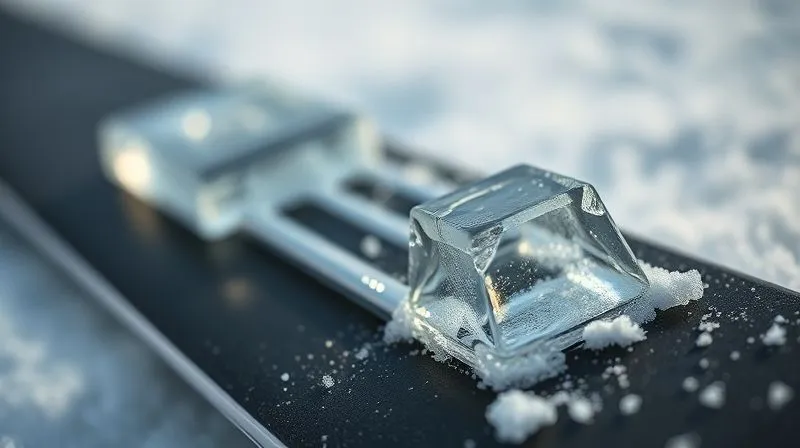 A close-up, photorealistic, professional photography, 8K, cinematic lighting, sharp focus, depth of field shot illustrating a thin, clear layer of ice crystals forming on the dark graphite base of a cross-country ski, with blurred snow particles in the background. The image should convey the intricate nature of ice adhesion at a microscopic level.