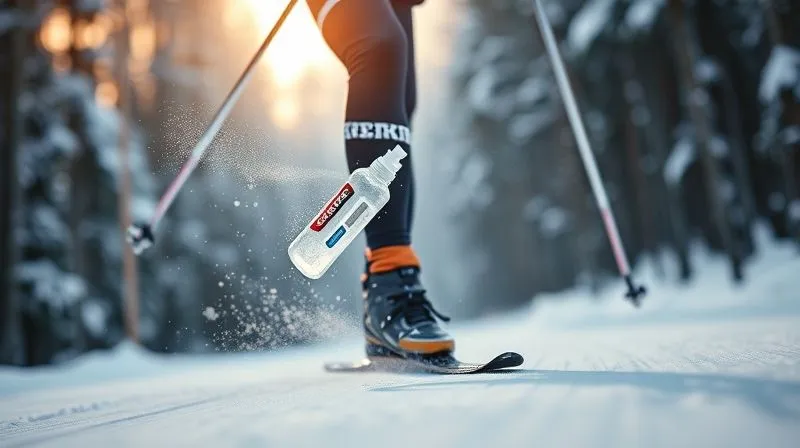 A photorealistic, professional photography, 8K, cinematic lighting, sharp focus, depth of field shot of a cross-country skier mid-race, quickly using a small, clear spray bottle to apply an anti-icing solution to the base of their ski while gliding, with snow flying lightly around them. The background shows a winter forest race track.