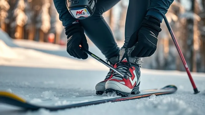 A photorealistic, professional photography, 8K, cinematic lighting, sharp focus, depth of field shot of a cross-country skier quickly scraping ice from their ski base with a specialized plastic scraper during a race, with determination on their face. The background is a snowy, forested race course.