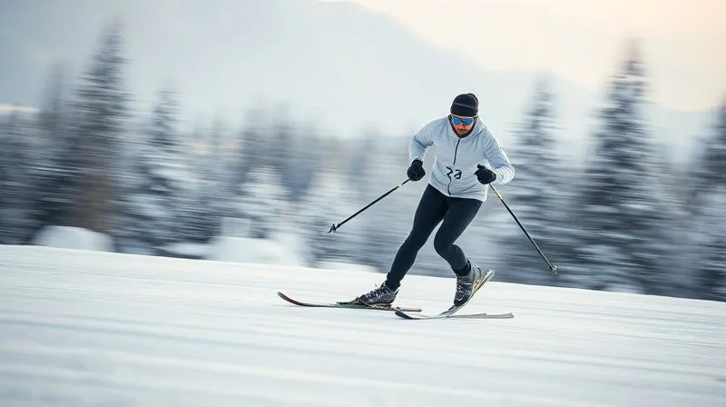 A photorealistic, professional photography, 8K, cinematic lighting, sharp focus, depth of field shot of a cross-country skier gracefully gliding on a snowy track, demonstrating perfect form with skis parallel and separated, minimizing snow contact. The background shows a dynamic winter landscape with motion blur.