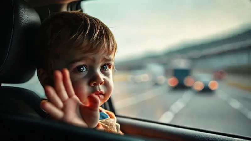 Photorealistic, professional photography, 8K, cinematic lighting. A toddler in a car seat looking out a window with a slightly bewildered or bored expression, their small hand pressed against the glass. The background shows a repetitive highway scene blurring past, sharp focus on the child's face, depth of field creating a sense of motion, shot on a high-end DSLR. Photorealistic, professional photography, 8K, cinematic lighting. A toddler in a car seat looking out a window with a slightly bewildered or bored expression, their small hand pressed against the glass. The background shows a repetitive highway scene blurring past, sharp focus on the child's face, depth of field creating a sense of motion, shot on a high-end DSLR.