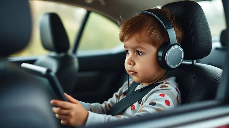 Photorealistic, professional photography, 8K, cinematic lighting. A toddler in a car seat, wearing child-sized headphones, quietly watching an educational program on a tablet mounted on the seat back. Soft, diffused light fills the car, sharp focus on the child's engaged expression, depth of field blurring the car interior around them, shot on a high-end DSLR. Photorealistic, professional photography, 8K, cinematic lighting. A toddler in a car seat, wearing child-sized headphones, quietly watching an educational program on a tablet mounted on the seat back. Soft, diffused light fills the car, sharp focus on the child's engaged expression, depth of field blurring the car interior around them, shot on a high-end DSLR.