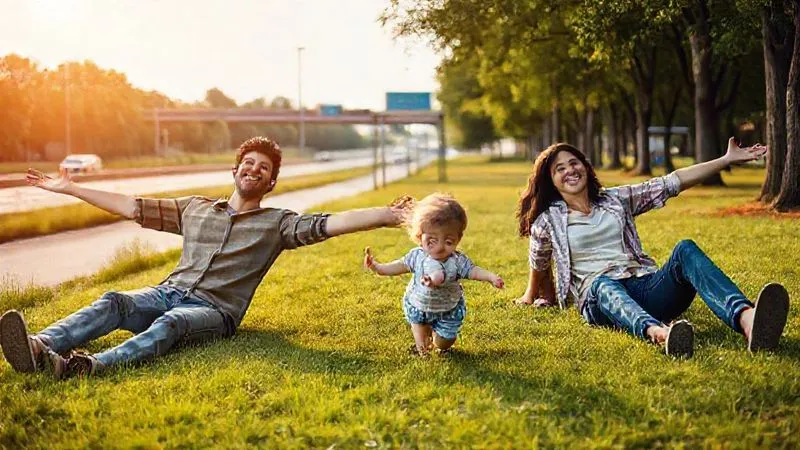Photorealistic, professional photography, 8K, cinematic lighting. A family (two parents, one toddler) happily stretching and laughing in a vibrant green park next to a highway rest stop. The toddler is playfully running towards a small swing set in the background, parents are smiling and looking refreshed, sharp focus on the family, depth of field blurring the highway in the distance, shot on a high-end DSLR. Photorealistic, professional photography, 8K, cinematic lighting. A family (two parents, one toddler) happily stretching and laughing in a vibrant green park next to a highway rest stop. The toddler is playfully running towards a small swing set in the background, parents are smiling and looking refreshed, sharp focus on the family, depth of field blurring the highway in the distance, shot on a high-end DSLR.