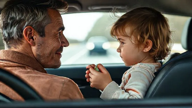 Photorealistic, professional photography, 8K, cinematic lighting. A parent (from the driver's seat, looking back) making eye contact with a slightly distressed toddler in a car seat, offering a small, comforting toy. The parent's expression is calm and empathetic, the toddler's face shows the beginning of tears but also a hint of curiosity for the toy, sharp focus on their interaction, depth of field blurring the road ahead, shot on a high-end DSLR. Photorealistic, professional photography, 8K, cinematic lighting. A parent (from the driver's seat, looking back) making eye contact with a slightly distressed toddler in a car seat, offering a small, comforting toy. The parent's expression is calm and empathetic, the toddler's face shows the beginning of tears but also a hint of curiosity for the toy, sharp focus on their interaction, depth of field blurring the road ahead, shot on a high-end DSLR.