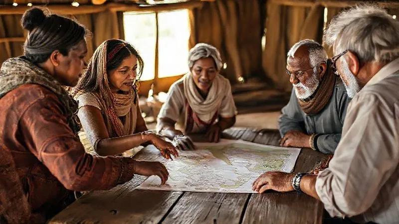 photorealistic, professional photography, 8K, cinematic lighting, sharp focus, depth of field, shot on a high-end DSLR, a diverse group of community leaders from different generations and backgrounds, animatedly discussing plans around a rustic table, a younger woman points to a map, an elder nods approvingly, warm natural light, conveying collaboration and local ownership. photorealistic, professional photography, 8K, cinematic lighting, sharp focus, depth of field, shot on a high-end DSLR, a diverse group of community leaders from different generations and backgrounds, animatedly discussing plans around a rustic table, a younger woman points to a map, an elder nods approvingly, warm natural light, conveying collaboration and local ownership.