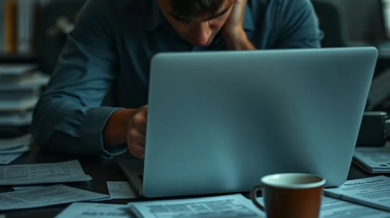 A close-up, photorealistic image of a person's hands gripping a laptop, face obscured, shoulders hunched in exhaustion, desk cluttered with papers and coffee, dim office lighting, professional photography, 8K, cinematic lighting, sharp focus on hands, depth of field, shot on a high-end DSLR.