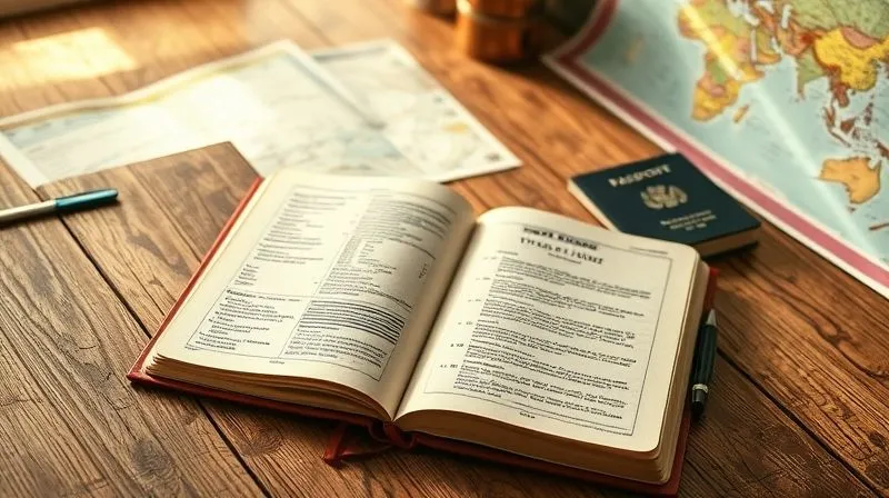 A photorealistic, professional image of an open travel journal on a rustic wooden table, next to a passport, a pen, and a world map, soft natural light streaming in, conveying planning and anticipation for a journey, 8K, cinematic lighting, sharp focus on the journal, depth of field, shot on a high-end DSLR.