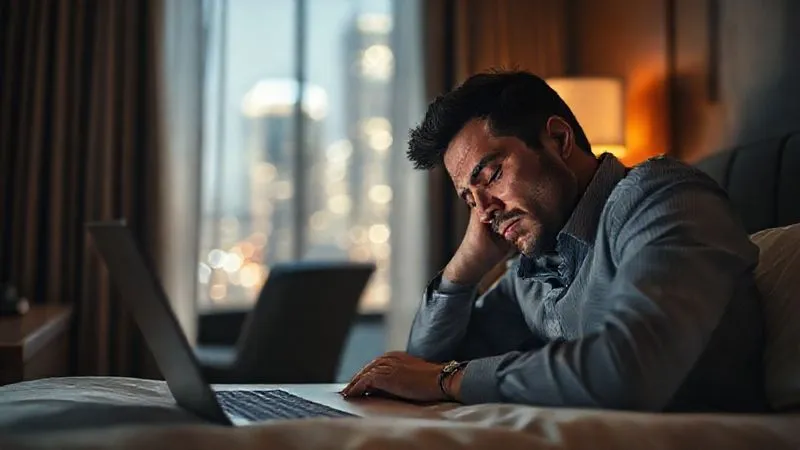 A photorealistic image of a business traveler looking exhausted, slumped over a laptop in a generic hotel room, with blurred city lights outside the window, 8K, cinematic lighting, sharp focus on the traveler's face, depth of field. A photorealistic image of a business traveler looking exhausted, slumped over a laptop in a generic hotel room, with blurred city lights outside the window, 8K, cinematic lighting, sharp focus on the traveler's face, depth of field.