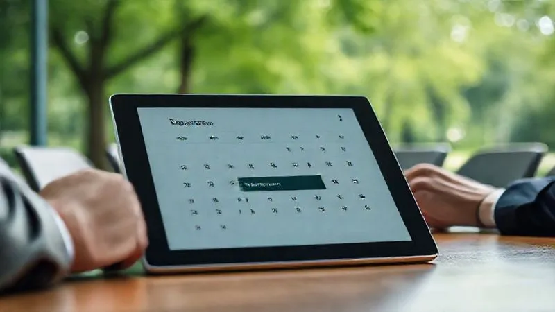 A photorealistic image of a sleek digital calendar on a tablet, showing a blocked-out slot labeled 'Park Break' amidst business meetings, with a subtle, blurred green park background, professional, 8K, cinematic lighting. A photorealistic image of a sleek digital calendar on a tablet, showing a blocked-out slot labeled 'Park Break' amidst business meetings, with a subtle, blurred green park background, professional, 8K, cinematic lighting.