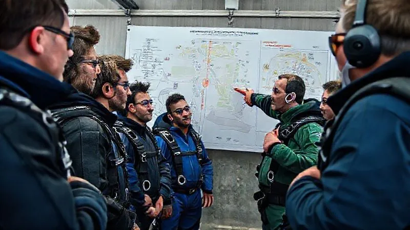 Photorealistic, professional photography, 8K, cinematic lighting, sharp focus, depth of field, shot on a high-end DSLR. A diverse group of skydivers, dressed in jumpsuits, intently listening to an experienced jumpmaster pointing at a large diagram of a dropzone's airspace and jump run, emphasizing safety protocols during a pre-jump briefing. The atmosphere is serious but collaborative. Photorealistic, professional photography, 8K, cinematic lighting, sharp focus, depth of field, shot on a high-end DSLR. A diverse group of skydivers, dressed in jumpsuits, intently listening to an experienced jumpmaster pointing at a large diagram of a dropzone's airspace and jump run, emphasizing safety protocols during a pre-jump briefing. The atmosphere is serious but collaborative.