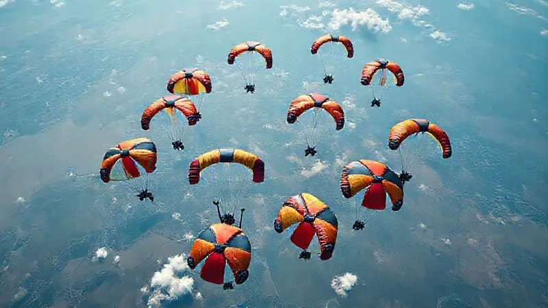 Photorealistic, professional photography, 8K, cinematic lighting, sharp focus, depth of field, shot on a high-end DSLR. Multiple vibrant skydiving canopies, perfectly spaced and flying in a clear, organized landing pattern over a dropzone, viewed from a slightly elevated perspective. The canopies show distinct separation and predictable flight paths, illustrating safe canopy management in a busy sky. Photorealistic, professional photography, 8K, cinematic lighting, sharp focus, depth of field, shot on a high-end DSLR. Multiple vibrant skydiving canopies, perfectly spaced and flying in a clear, organized landing pattern over a dropzone, viewed from a slightly elevated perspective. The canopies show distinct separation and predictable flight paths, illustrating safe canopy management in a busy sky.